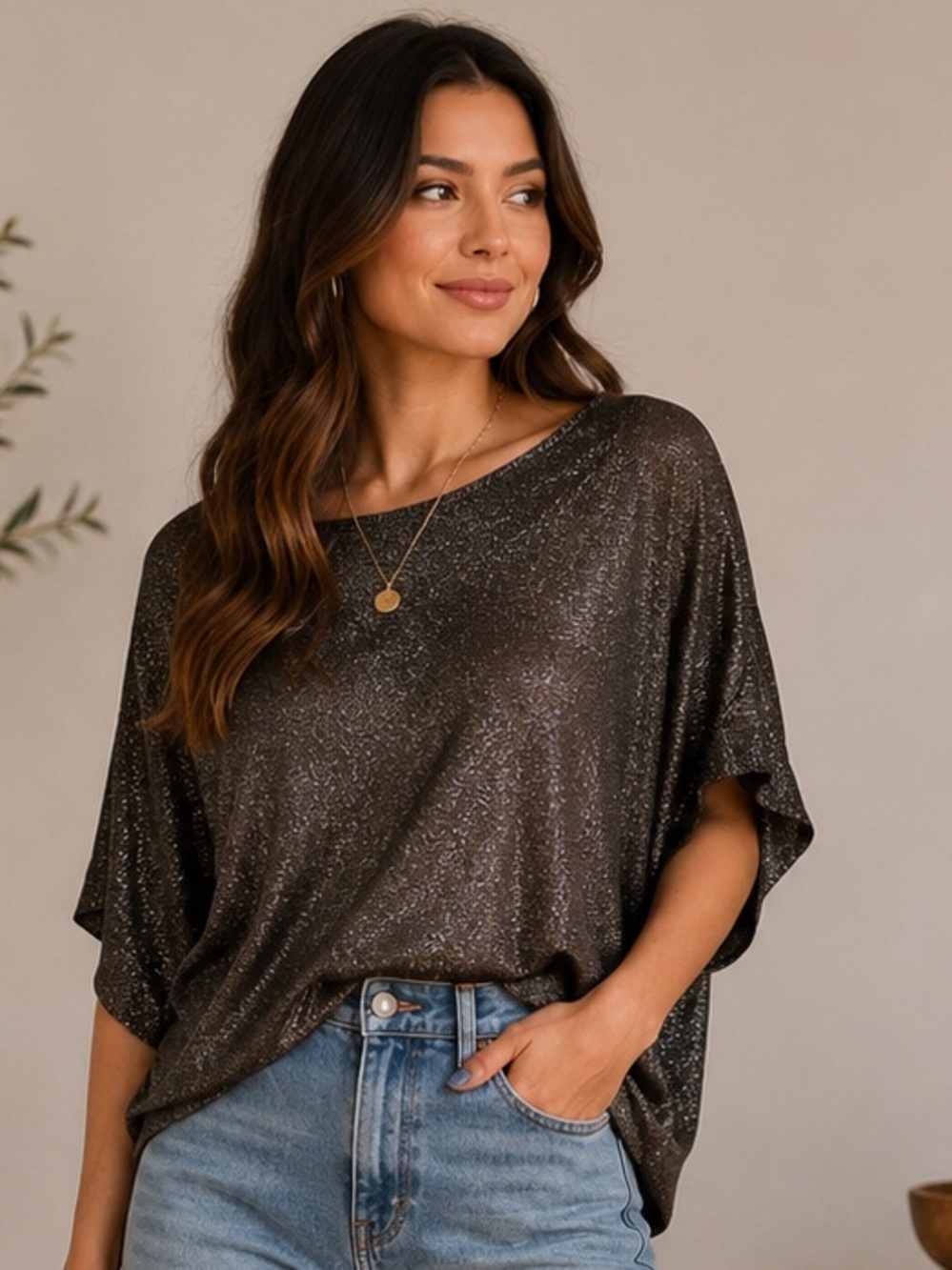 FROM PARIS FRANCE 🇫🇷 Metallic Black Glitter Short Sleeve Women's Top